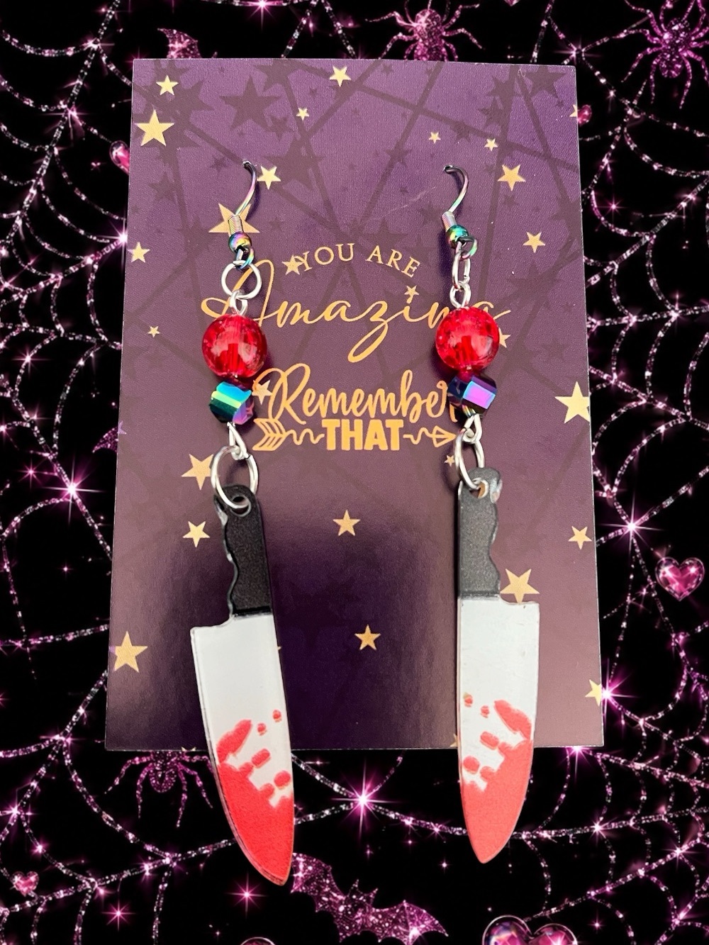 Handcrafted Red Blood-Detail Knife Dangle Earrings - Women Jewelry